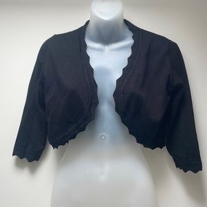 Kancy Kole Shrug Cardigan Sweater Size S black open front 3/4 sleeve scalloped